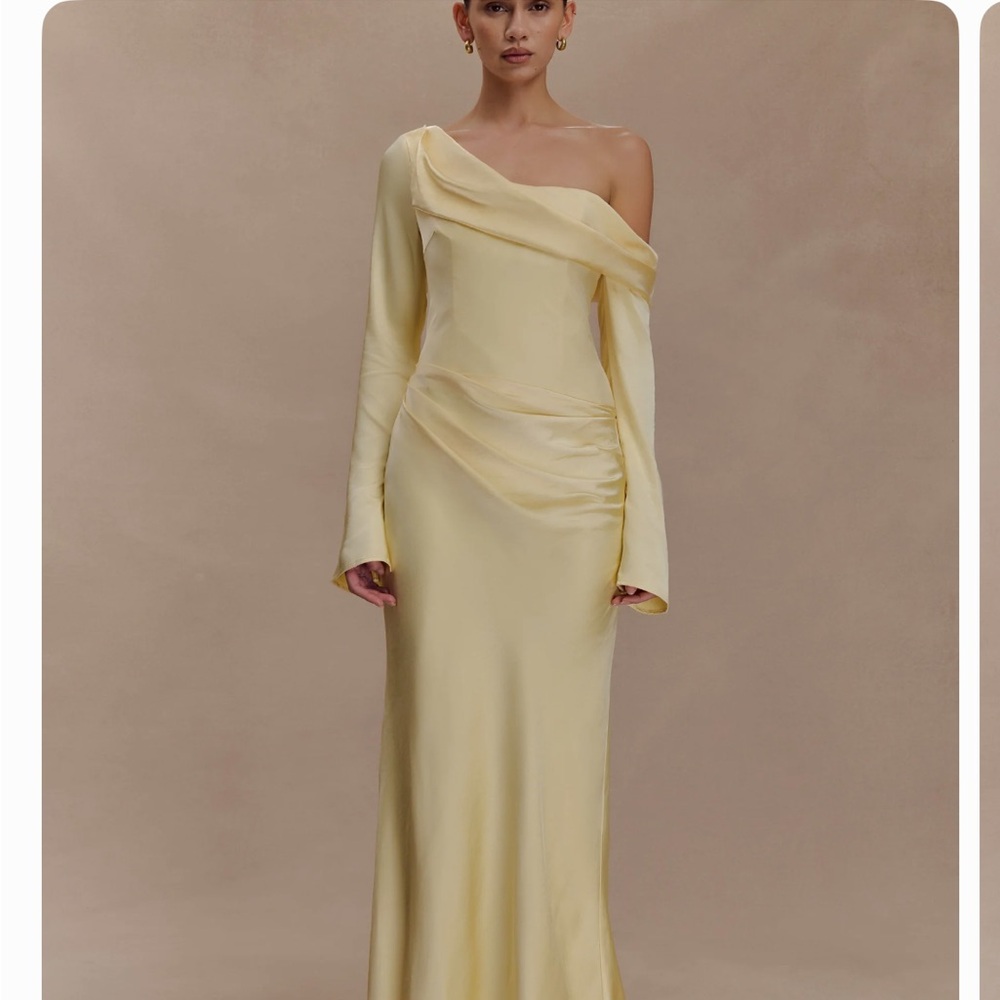 Meshki One-Shoulder Satin Gown in Pale Yellow- worn once!